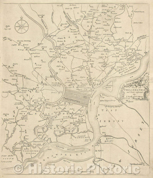 Historic Map : A Map of Philadelphia and Parts Adjacent. by N. Scull and G. Heap, 1777 , Vintage Wall Art