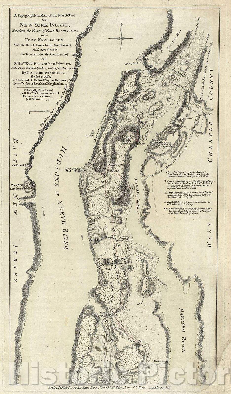 Historic Map : A Topographical Map of the northn. part of New York Island : exhibiting the plan of Fort Washington, now Fort Knyphausen, 1777 , Vintage Wall Art