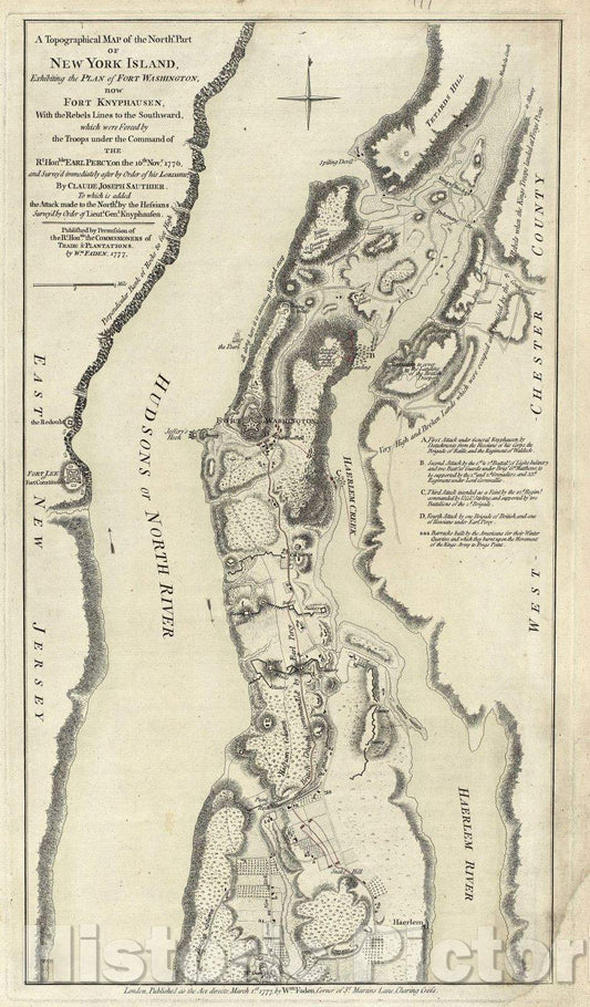 Historic Map : A Topographical Map of the northn. part of New York Island : exhibiting the plan of Fort Washington, now Fort Knyphausen, 1777 , Vintage Wall Art
