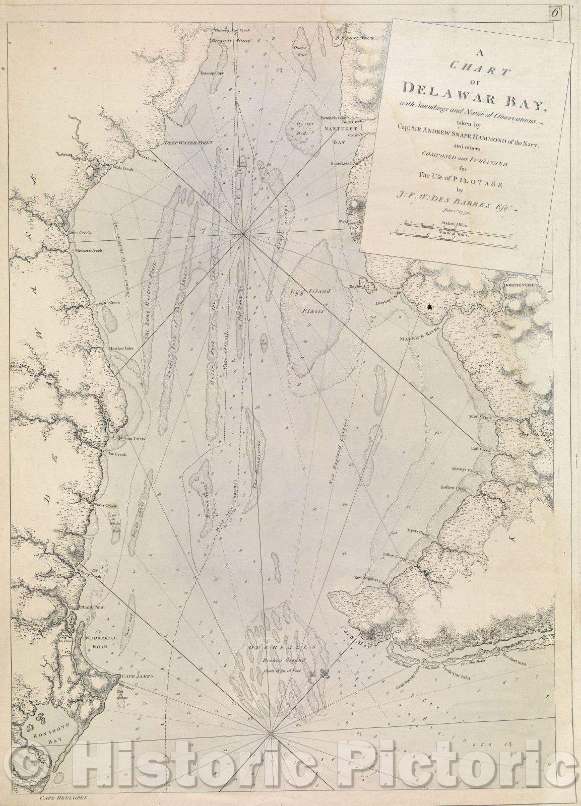 Historic Map : A Chart of Delawar Bay, with Soundings and Nautical Observations taken by Capt. Sir Andrew Snape Hammond of the Navy, 1779 , Vintage Wall Art