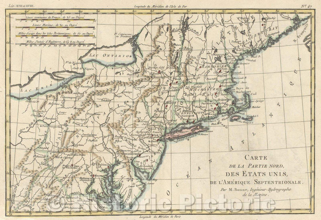 Historic Map : Carte de la Partie Nord, des Etats Unis, de l'Ame?rique Septentrionale par M. Bonne, Inge?nieur-Hydrographe de la Marine, 1780 , Vintage Wall Art