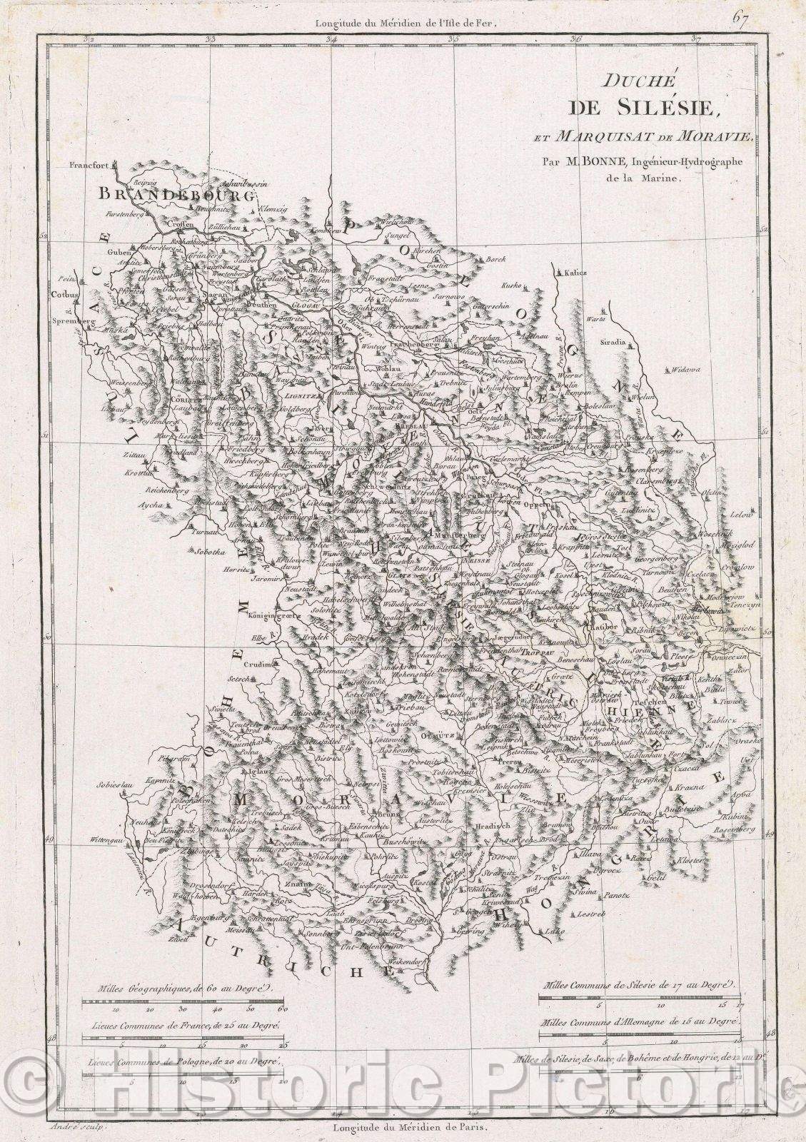 Historic Map : Duche de Silesie et Marquisat de Moravie. Par M. Bonne, Inge?nieur-Hydrographe de la Marine., c. 1782 , Vintage Wall Art