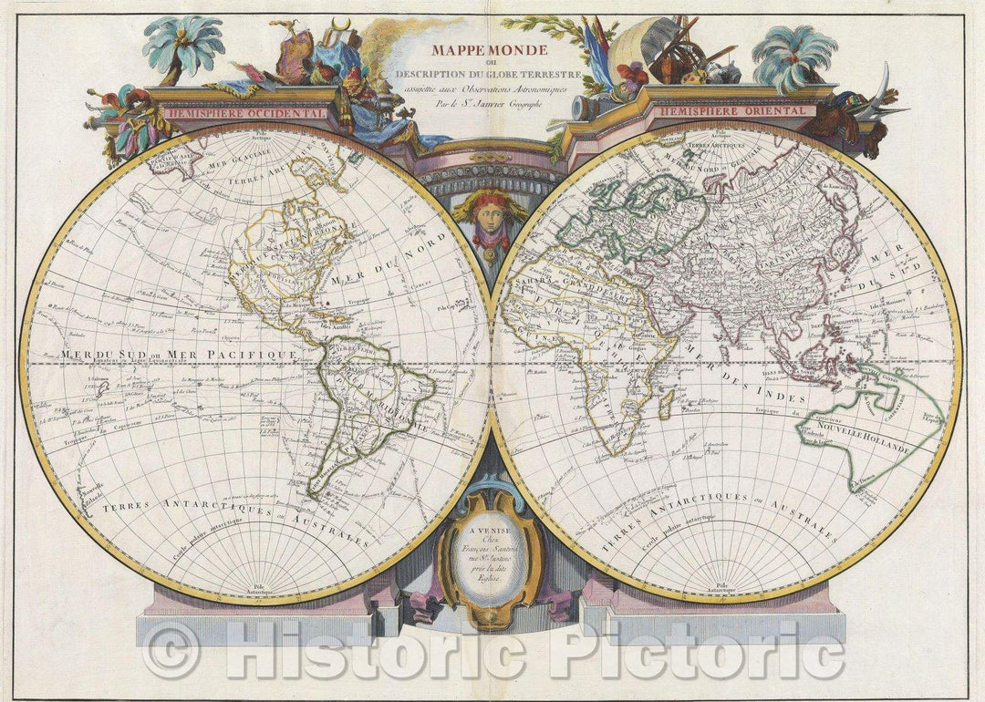 Historic Map : Mappe Monde ou Description du Globe Terrestre assujettie aux Observations Astronomiques Par le Sr. Janvier, Geographe, 1784 , Vintage Wall Art