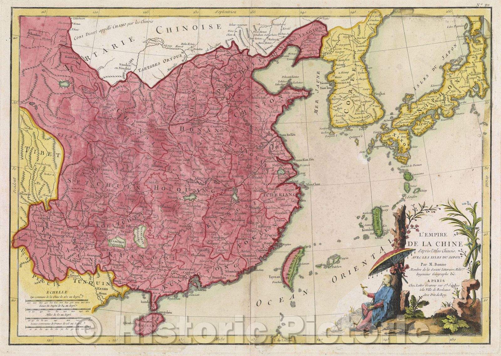 Historic Map : L'Empire de la Chine d'apre?s l'Atlas Chinois, avec les Isles du Japon par M. Bonne, 1785 , Vintage Wall Art