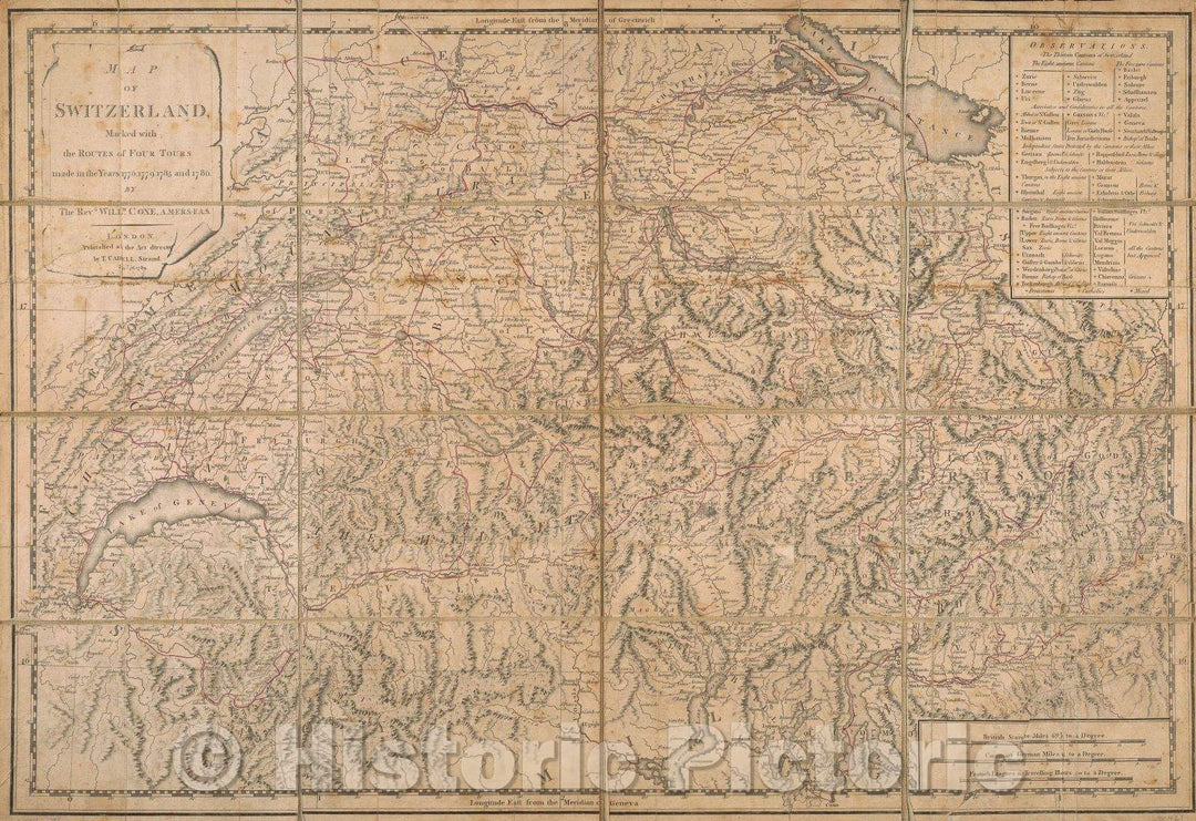 Historic Map : Map of Switzerland,  Marked with the Routes of Four Tours made in the Years 1776, 1779, 1785 and 1786 By the Revd. Willm. Coxe. A.M.F.R.S.-F.A.S. , 1789 , Vintage Wall Art