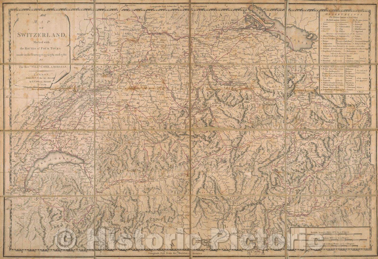 Historic Map : Map of Switzerland,  Marked with the Routes of Four Tours made in the Years 1776, 1779, 1785 and 1786 By the Revd. Willm. Coxe. A.M.F.R.S.-F.A.S. , 1789 , Vintage Wall Art