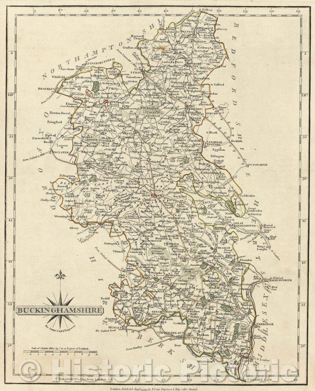 Historic Map : Buckinghamshire by John Cary. Engraver, 1793 , Vintage Wall Art