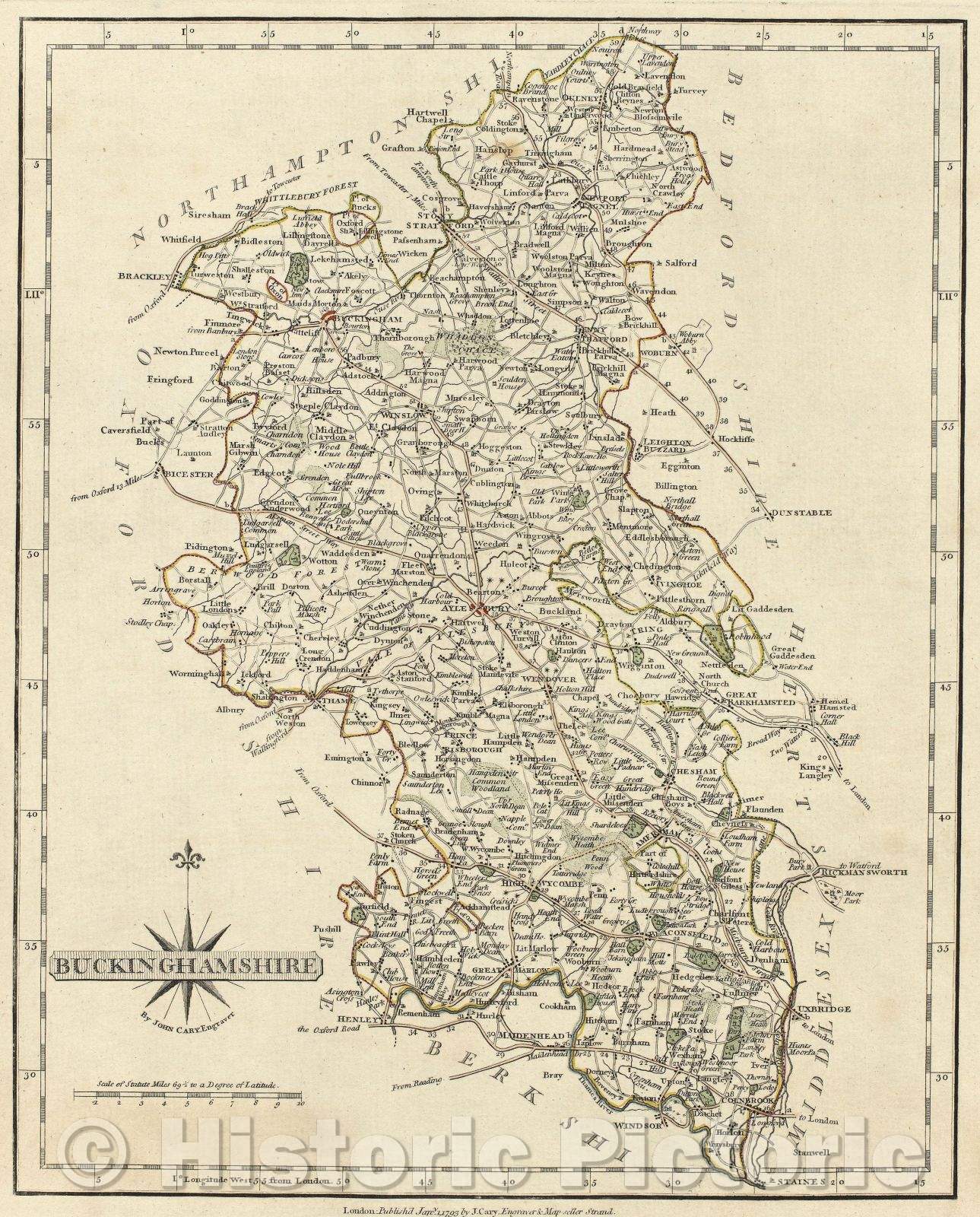 Historic Map : Buckinghamshire by John Cary. Engraver, 1793 , Vintage Wall Art