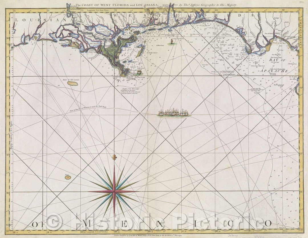 Historic Map : The Coast of West Florida and Louisiana by Thos. Jeffereys, Geographer to His Majesty, 1794 , Vintage Wall Art