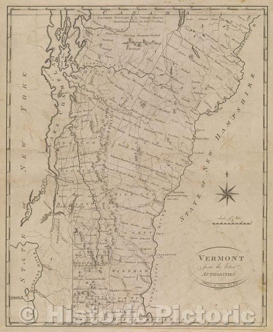 Historic Map : Vermont  from the latest Authorities, c. 1796 , Vintage Wall Art