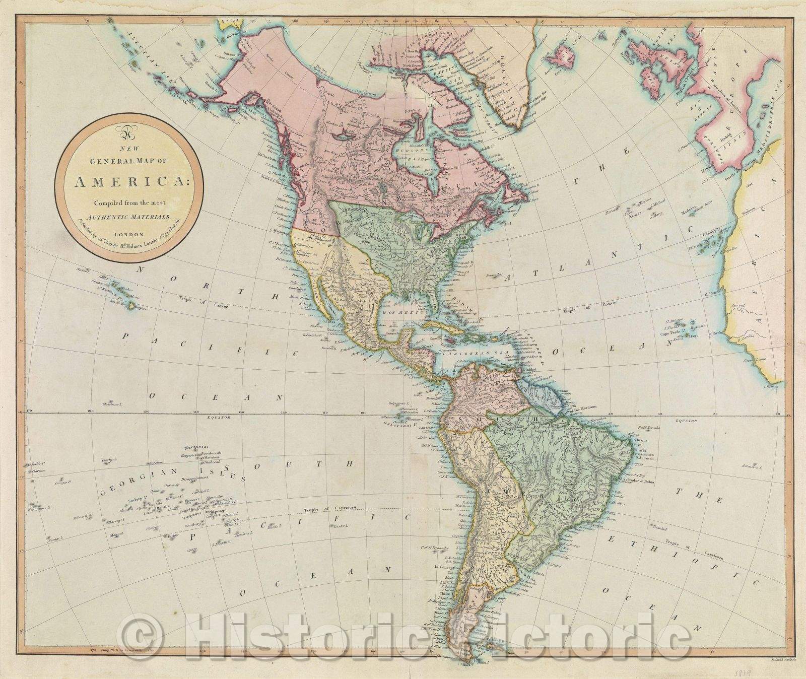 Historic Map : New General Map of America Compiled from the most Authentic Materials., 1819 , Vintage Wall Art