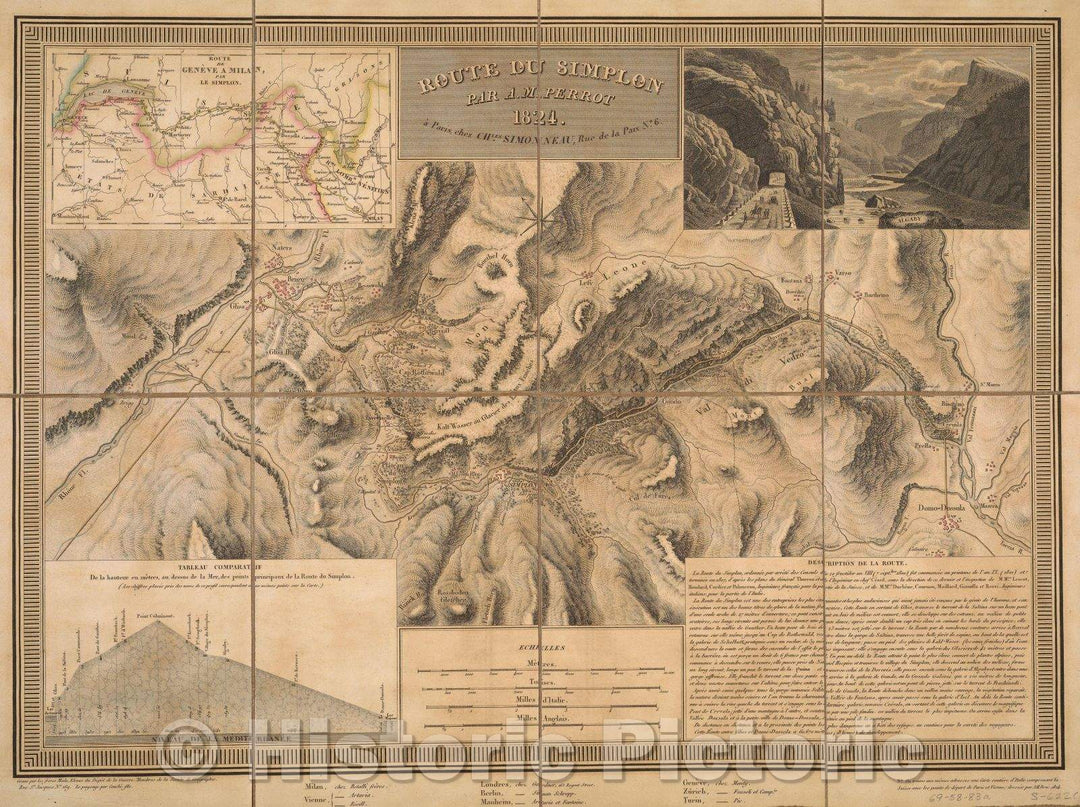 Historic Map : Route de Simplon par A.M. Perrot, 1824 , Vintage Wall Art