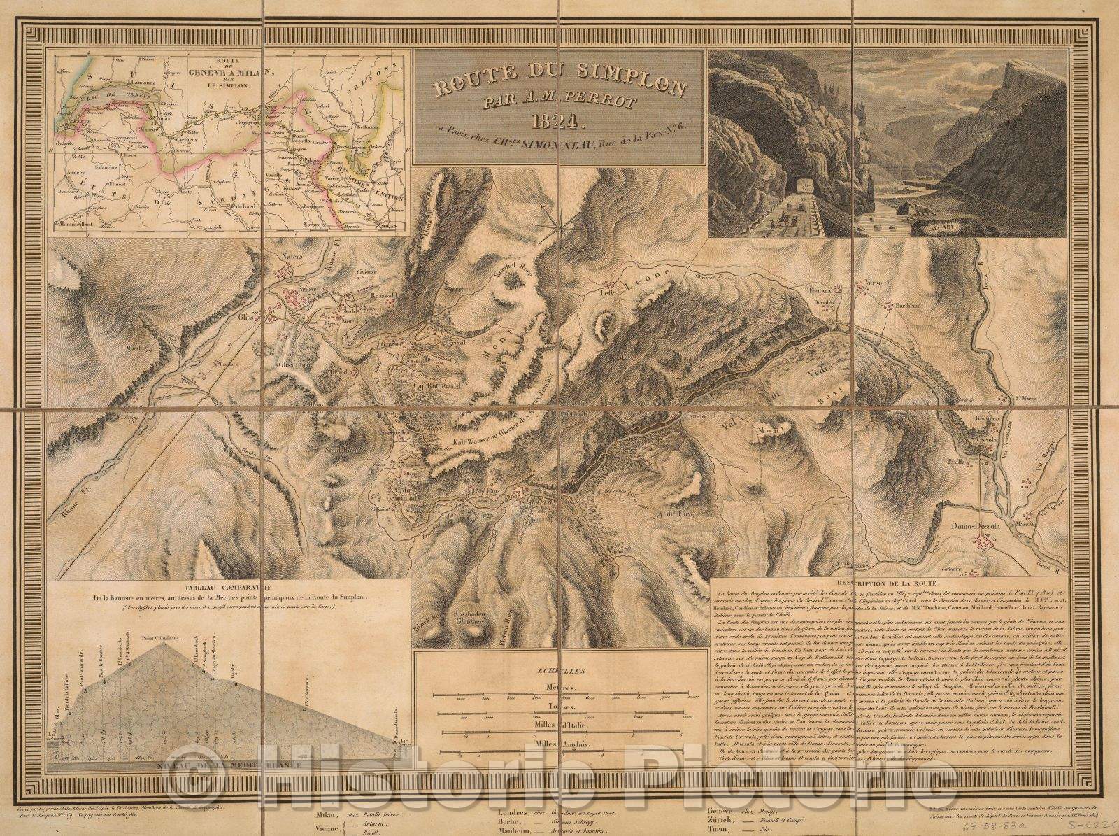 Historic Map : Route de Simplon par A.M. Perrot, 1824 , Vintage Wall Art