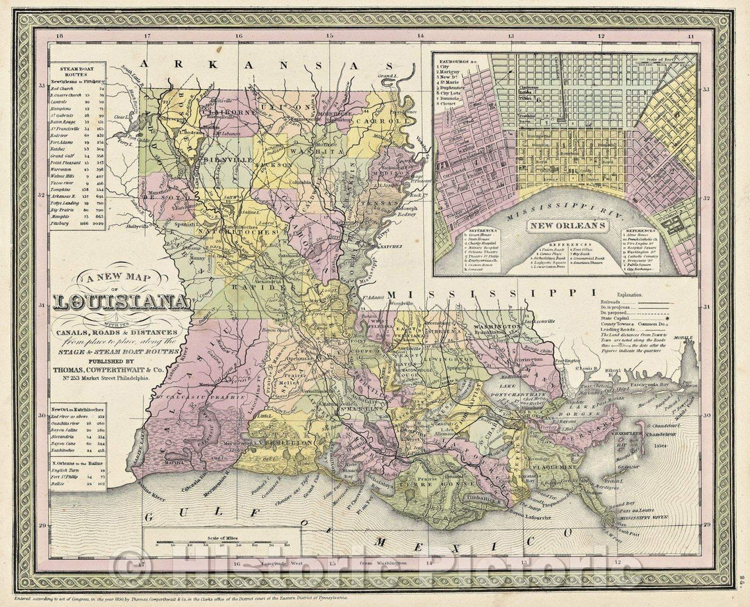 Historic Map : A New Map of Louisiana  with its Canals, Roads and Distances from place to place, along the Stage and Steam Boat Routes, 1850 , Vintage Wall Art