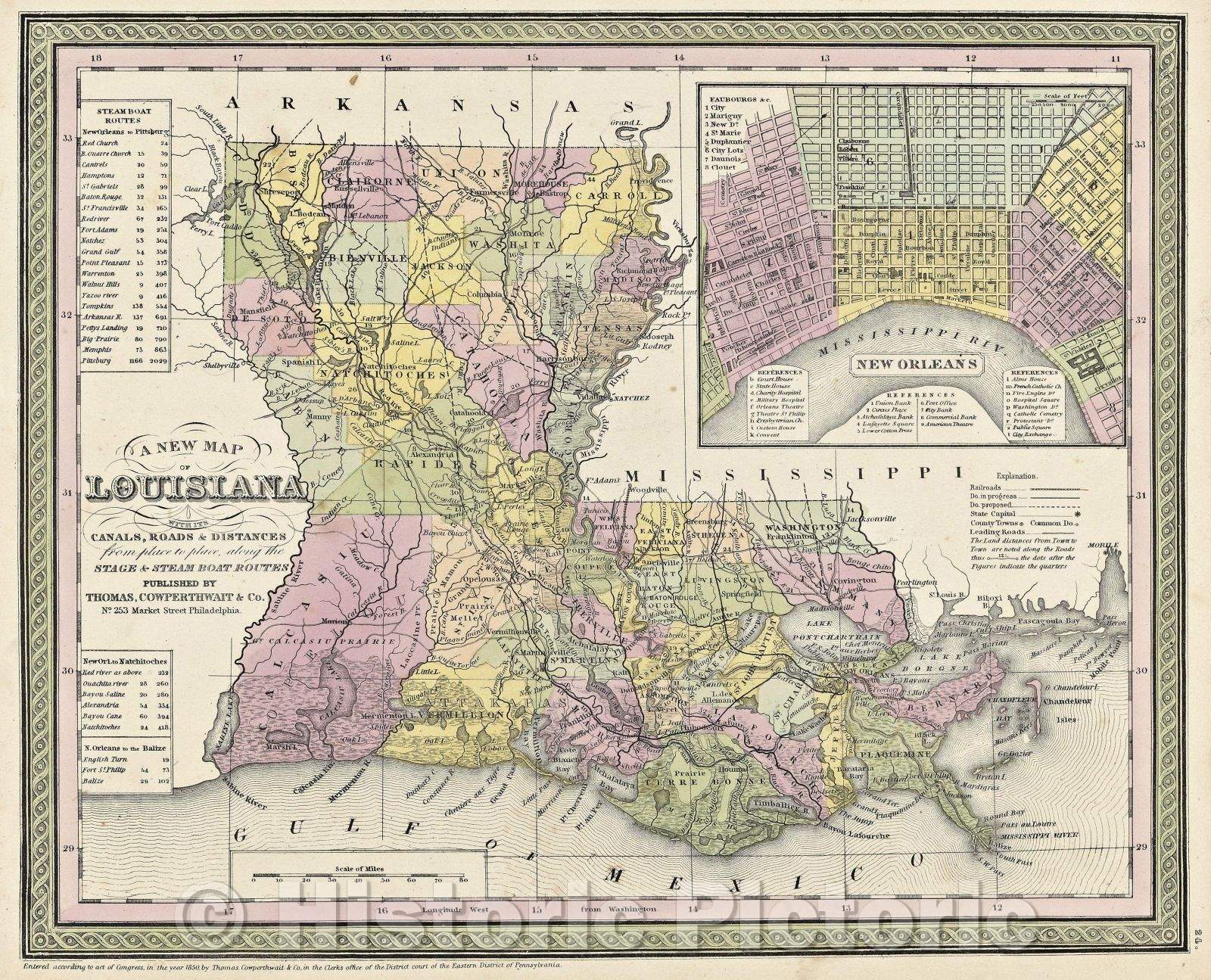 Historic Map : A New Map of Louisiana  with its Canals, Roads and Distances from place to place, along the Stage and Steam Boat Routes, 1850 , Vintage Wall Art