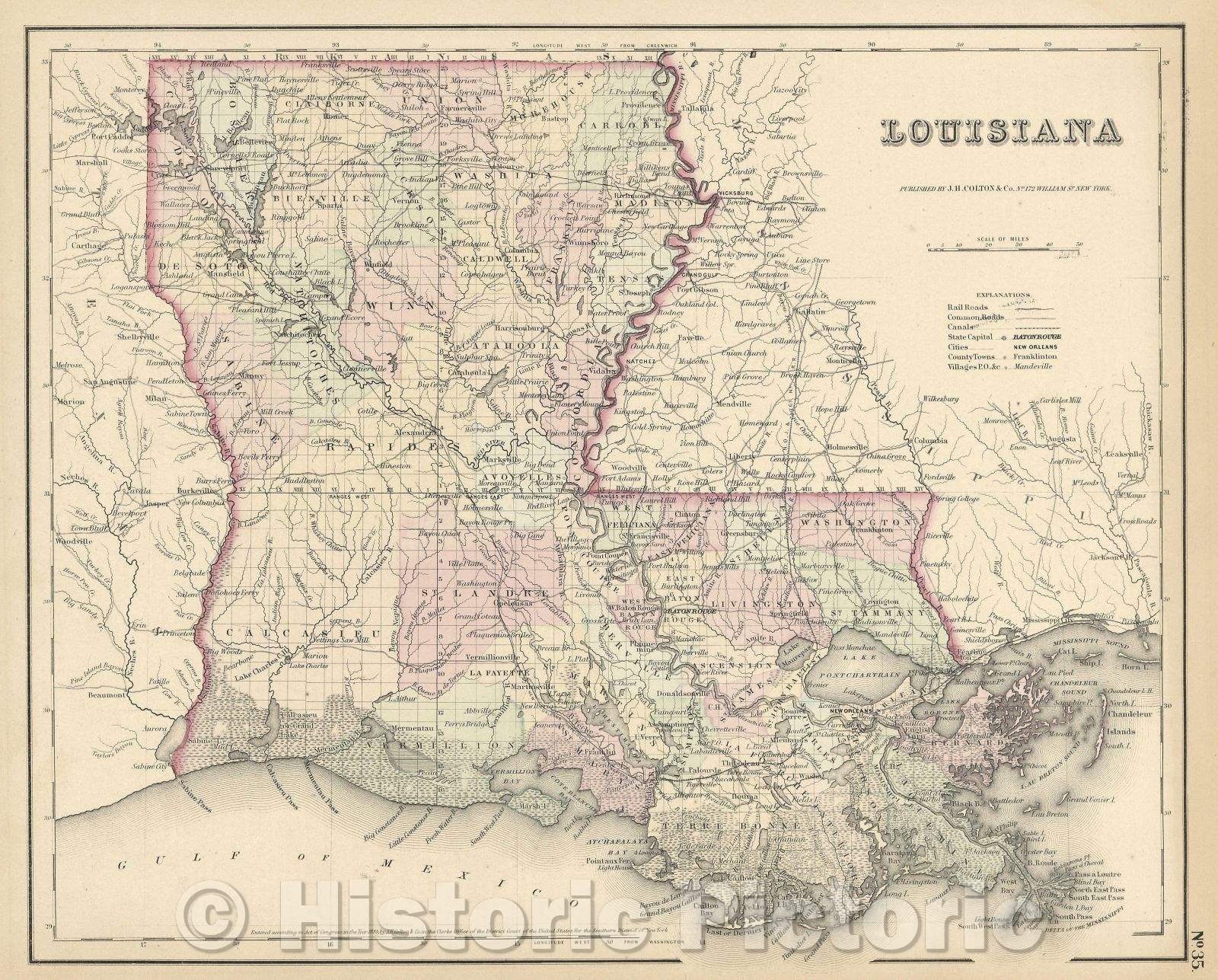 Historic Map : Louisiana, 1855 , Vintage Wall Art
