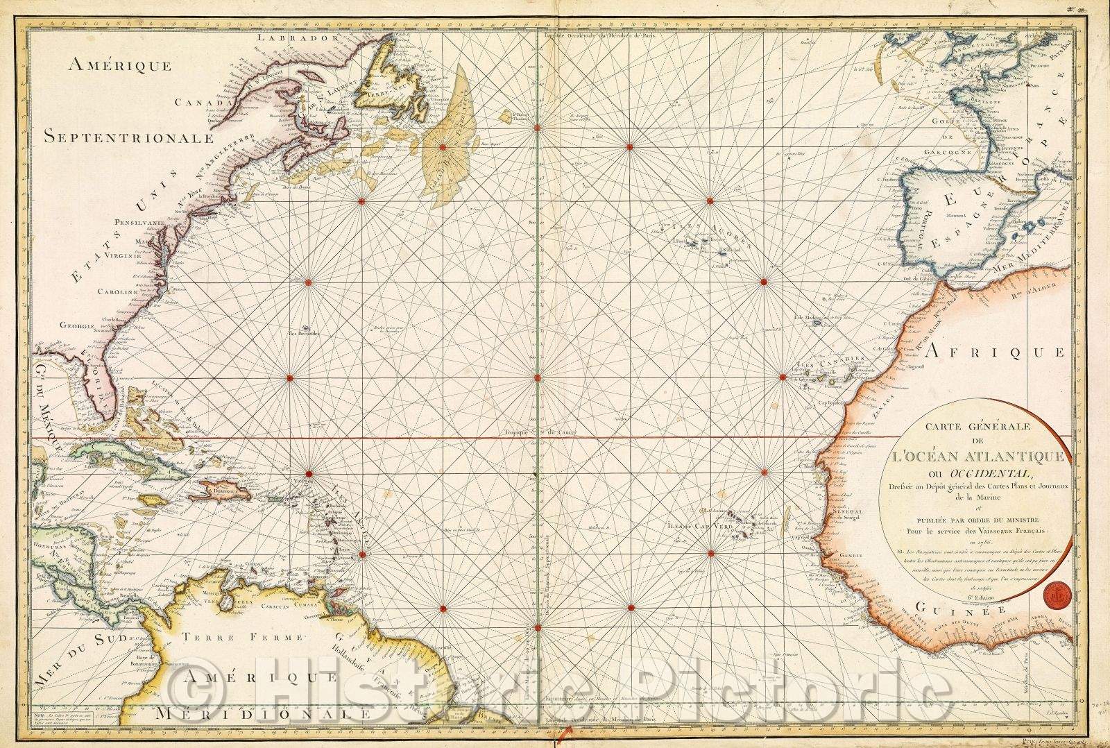 Historic Map : Carte gï¿½nï¿½rale de l'Ocï¿½an Atlantique ou Occidental,, 1786 , Vintage Wall Art