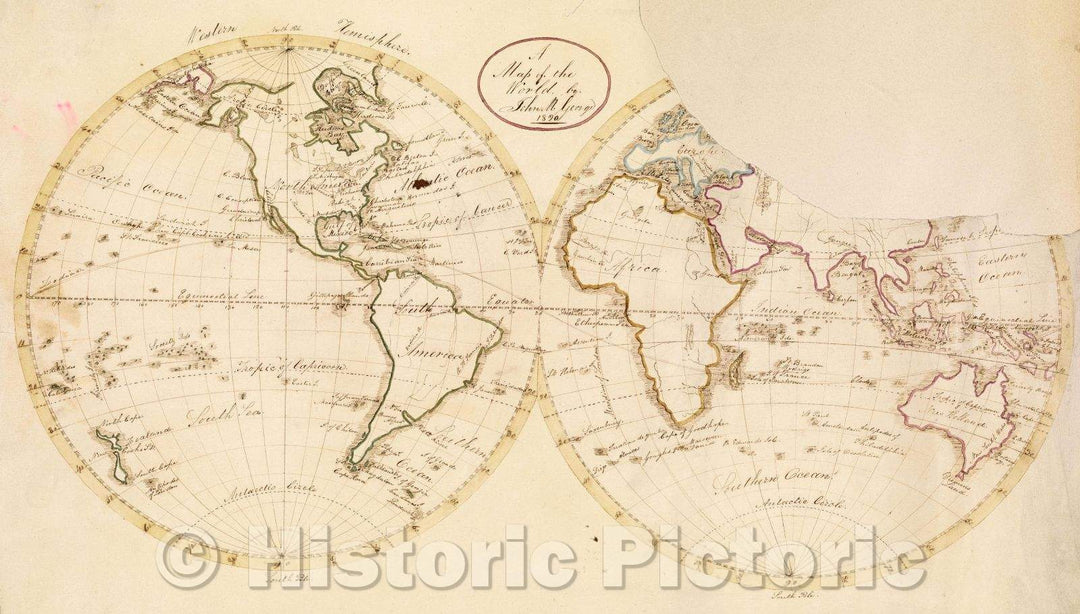 Historic Map : World in Double Hemisphere, 1820 , Vintage Wall Art