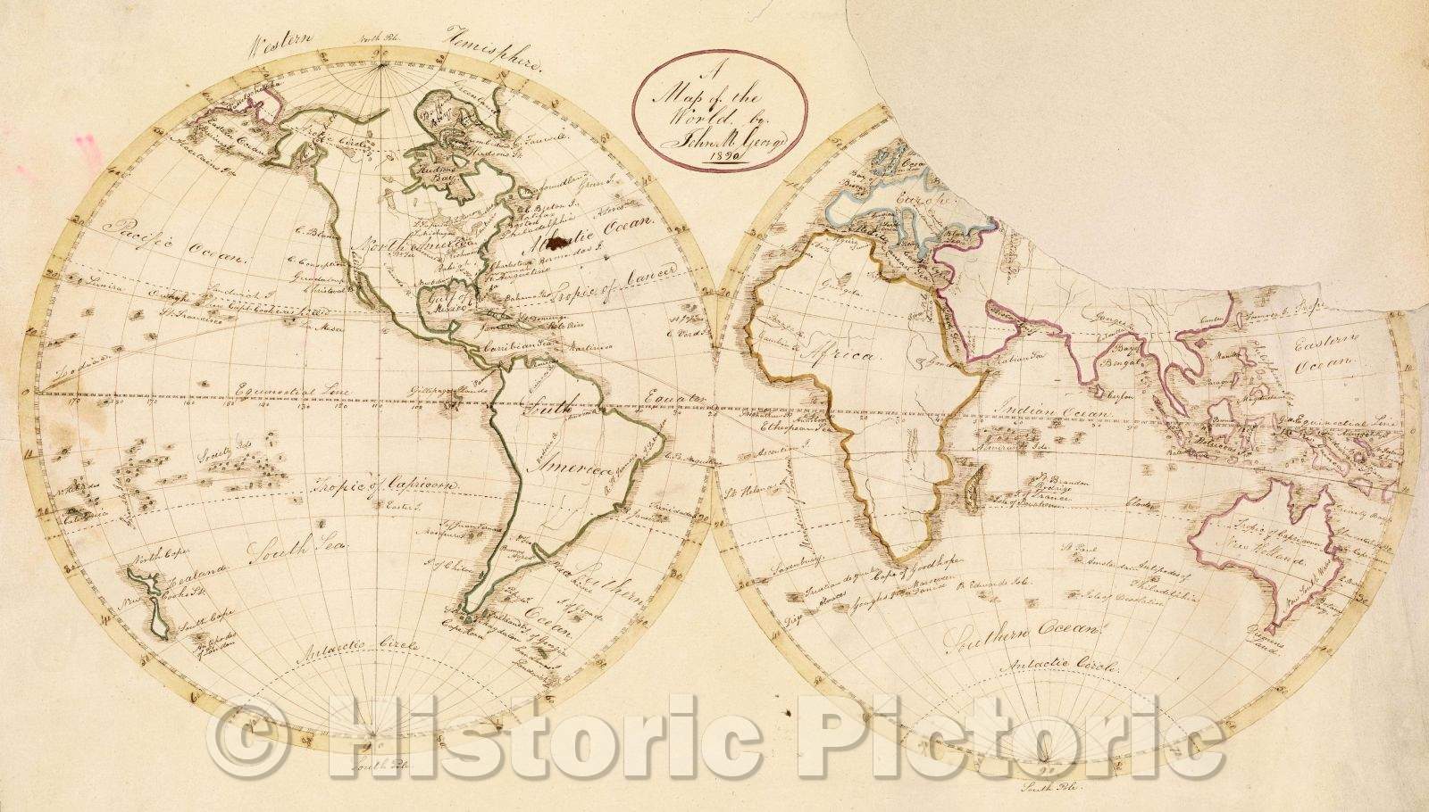 Historic Map : World in Double Hemisphere, 1820 , Vintage Wall Art