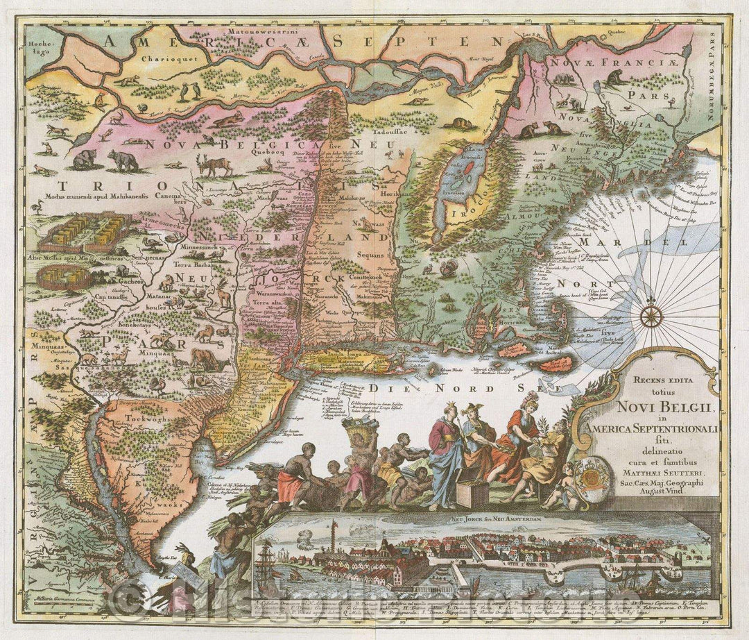 Historic Map : Recens Edita totius Novi Belgii in America Septentrionali siti delineatio cura et sumtibus Matthaei Seutteri, Sac. Caes. Maj. Geographi, August. Vind., 1730 , Vintage Wall Art