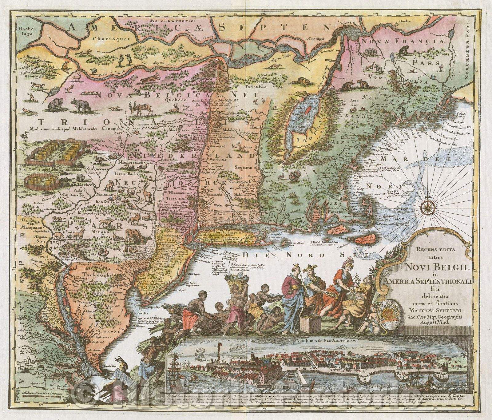 Historic Map : Recens Edita totius Novi Belgii in America Septentrionali siti delineatio cura et sumtibus Matthaei Seutteri, Sac. Caes. Maj. Geographi, August. Vind., 1730 , Vintage Wall Art
