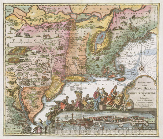 Historic Map : Recens Edita totius Novi Belgii in America Septentrionali siti delineatio cura et sumtibus Matthaei Seutteri, Sac. Caes. Maj. Geographi, August. Vind., 1730 , Vintage Wall Art