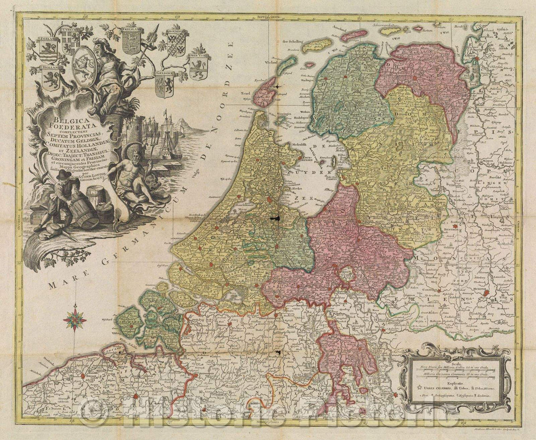 Historic Map : Belgica Foederata Complectens Septem Provincias, Ducatum  Geldriae, comitatus Hollandiae et Zeelandiae Dioec: Traject: Transisul: Groningam et Frisiam, 1772 , Vintage Wall Art