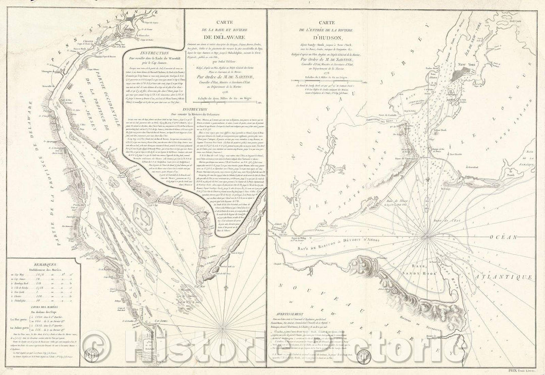 Historic Map : Carte de la Baye et Riviere de De?laware Contenant une exacte et entiere description des Rivages, Criques, Havres, Sondes, Bas-sonds, 1778 , Vintage Wall Art
