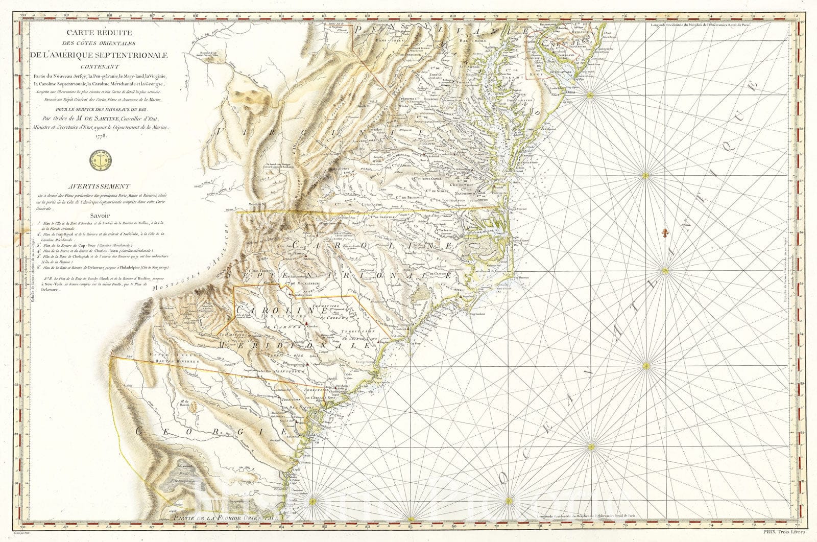 Historic Map : Nautical Map of Georgia, North Carolina, South Carolina, Virginia and Maryland Carolina, 1778 , Vintage Wall Art