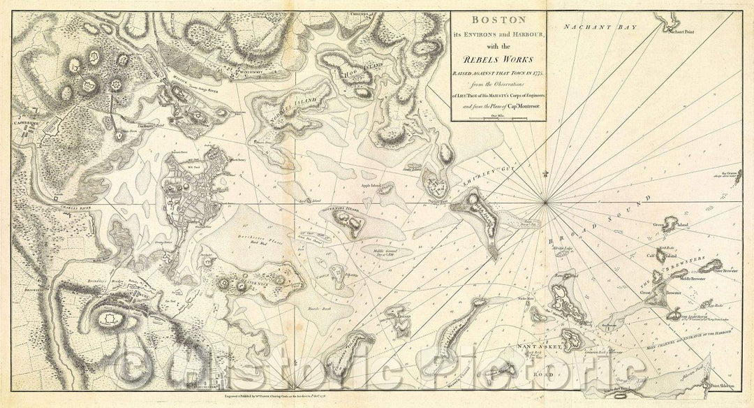 Historic Map : Boston its Environs and Harbour, with the Rebels Works raised against that Town in 1775, from the Observations of Lieut. Page of His Majesty's Corps, 1778 , Vintage Wall Art