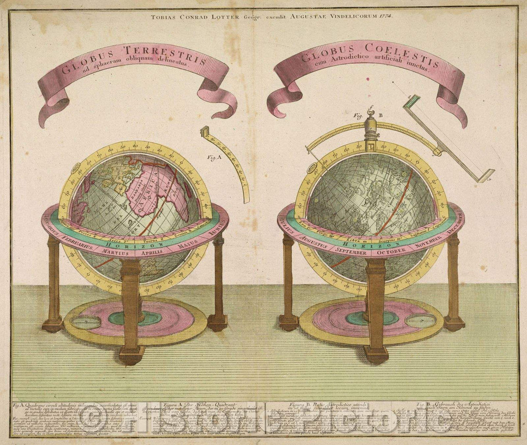 Historic Map : Globus Terrestris ad sphaeram obliquam delineatus. Globus Coelestis cum Astrodictico artificiali iunctus., 1774 , Vintage Wall Art