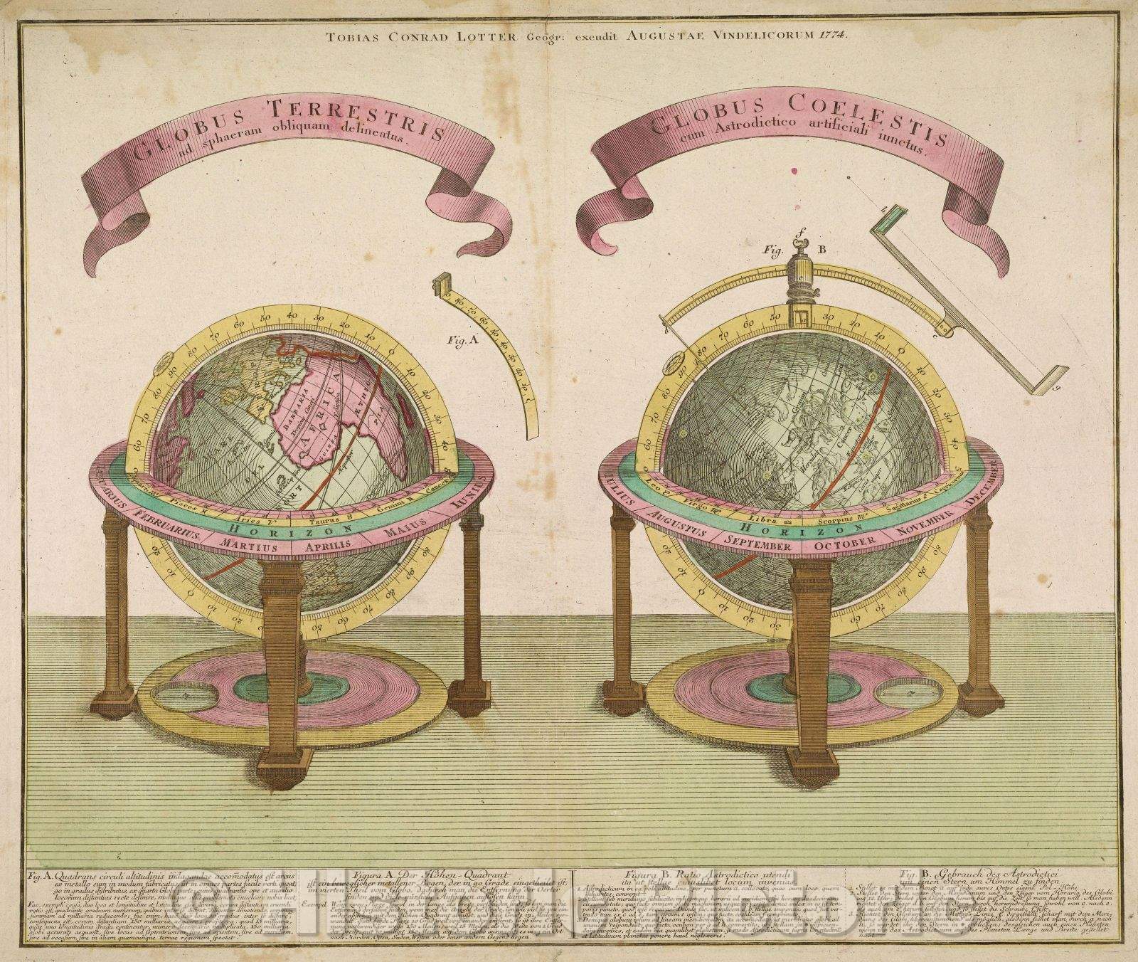 Historic Map : Globus Terrestris ad sphaeram obliquam delineatus. Globus Coelestis cum Astrodictico artificiali iunctus., 1774 , Vintage Wall Art