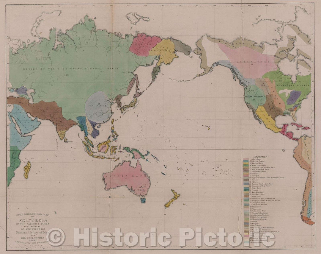 Historic Map : Ethnographical Map of Polynesia in the earliest times, illustrative of Dr. Prichard's Natural History of Man, 1864 , Vintage Wall Art