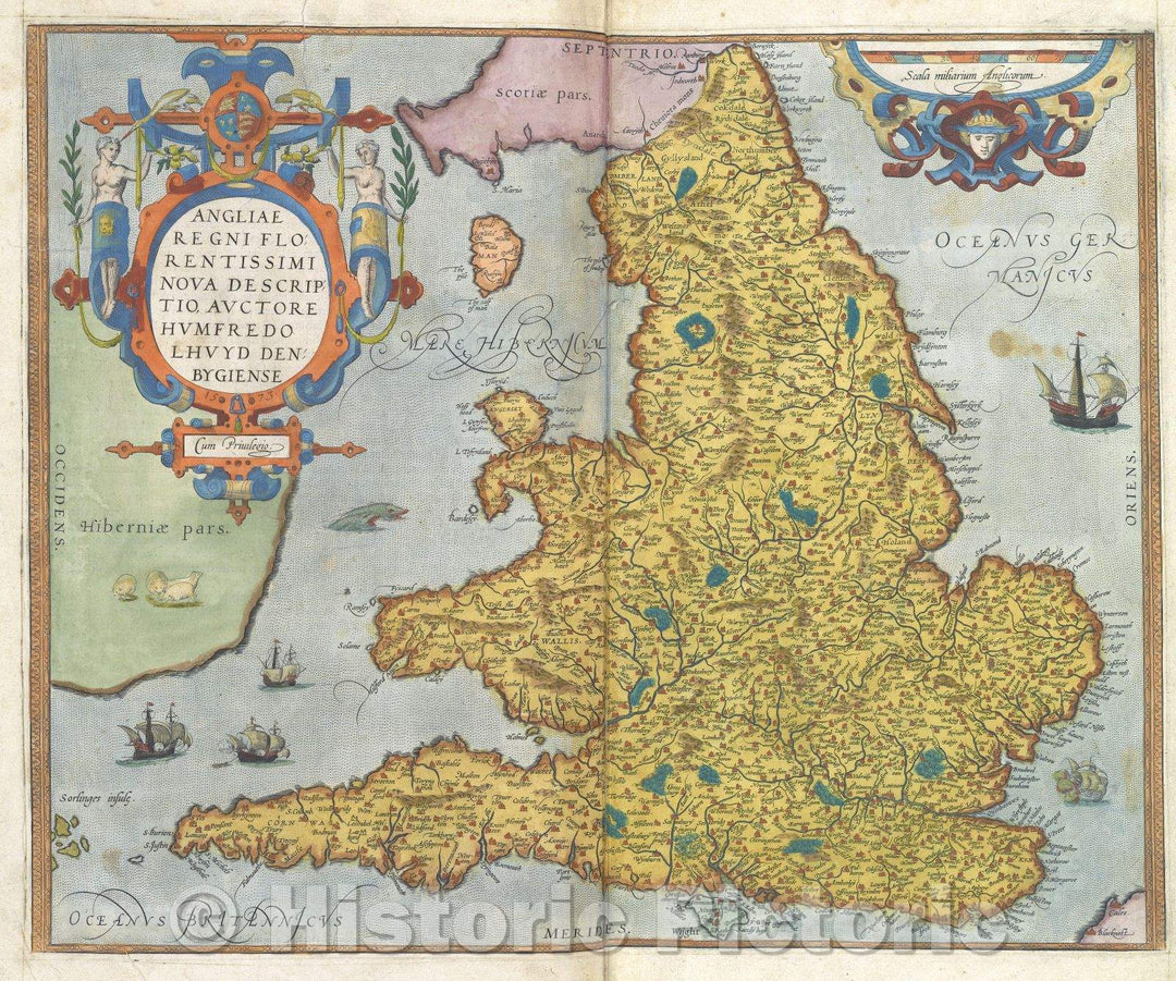 Historic Map : Angliae Regni Florentissimi Nova Descriptio, auctore Humfredo Lhuyd denbygiense, 1575 , Vintage Wall Art