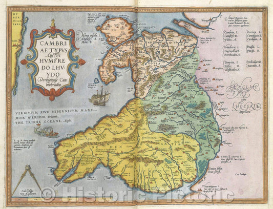 Historic Map : Cambriae Typus. Auctore Humfredo Lhuydo Denbigiense Cambritano., 1575 , Vintage Wall Art
