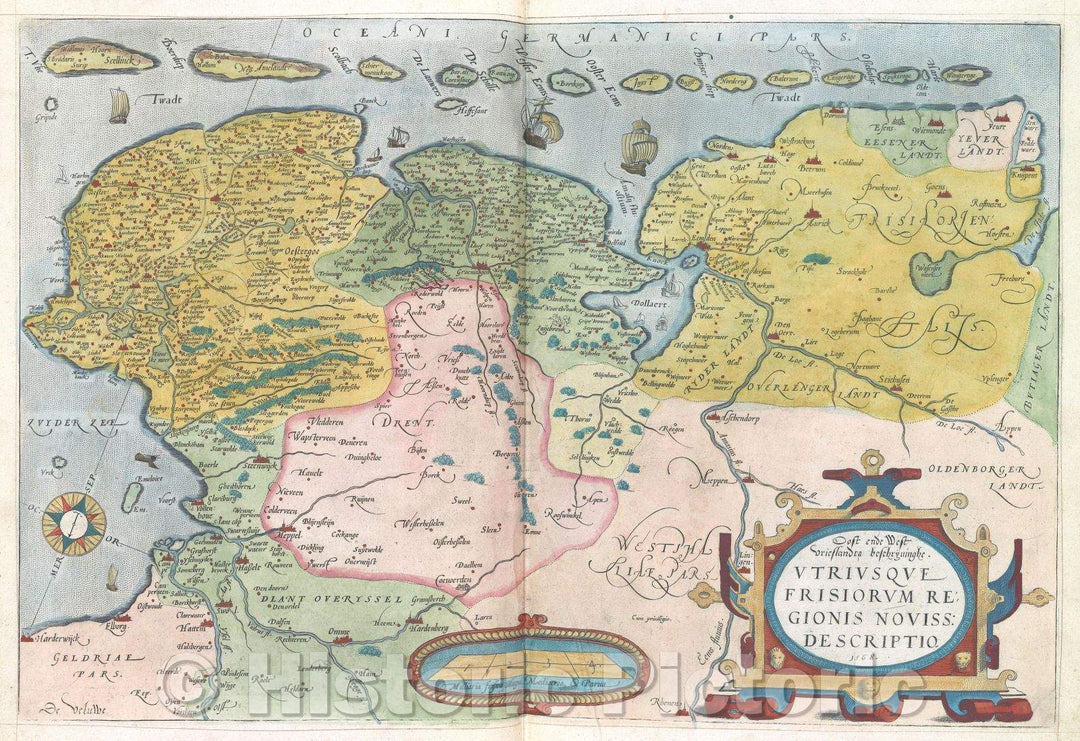 Historic Map : Oost ende West vrieslandts beschryvinghe. Utriusque Frisiorum Regionis Noviss Descriptio. 1568 :: Friesland, Groningen, and Ostfriesland., 1568 , Vintage Wall Art