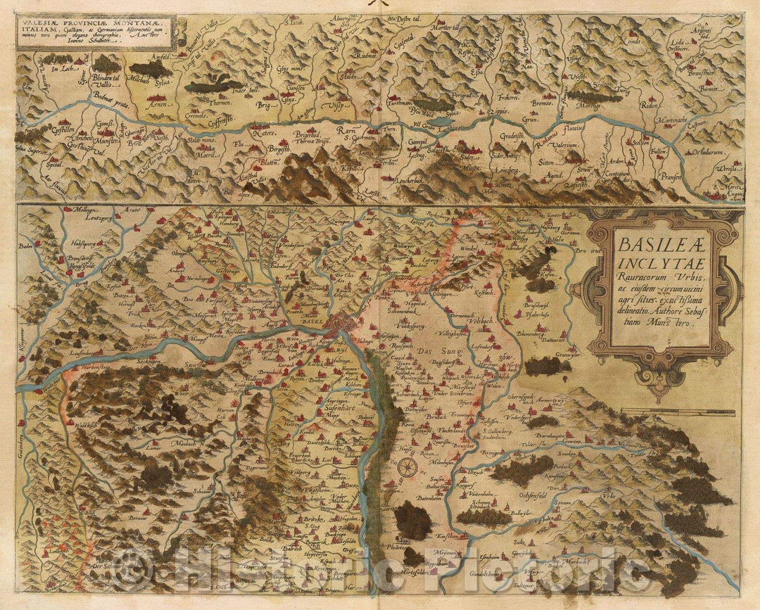 Historic Map : Basileae inclytae Rauracorum urbis, ac eiusdem circumuicini agri situs exactissima delineatio, Authore Sebastiano Munstero., 1578 , Vintage Wall Art