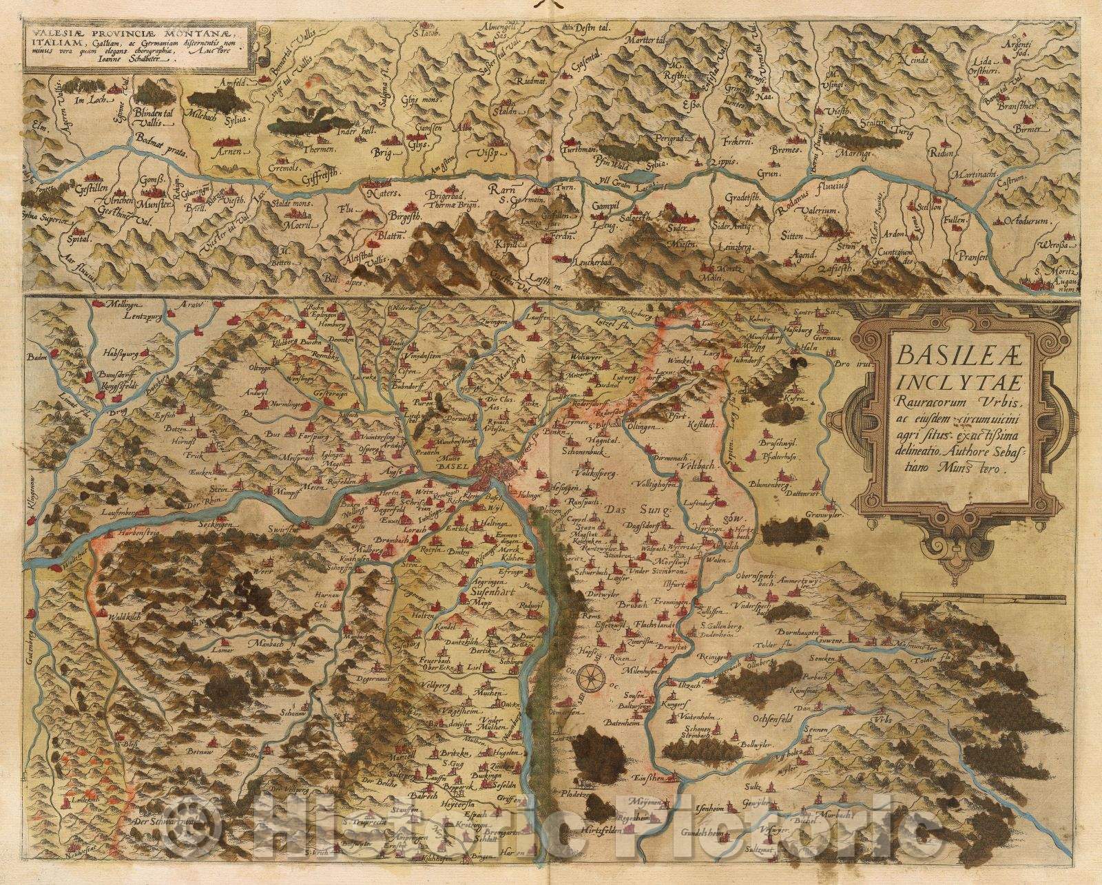 Historic Map : Basileae inclytae Rauracorum urbis, ac eiusdem circumuicini agri situs exactissima delineatio, Authore Sebastiano Munstero., 1578 , Vintage Wall Art