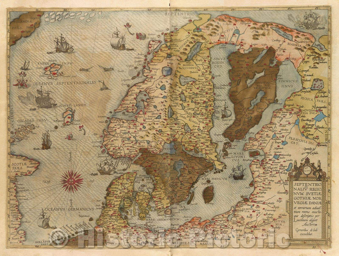 Historic Map : Septentrionaliu regionum Suetiae Gothiae Novegiae Daniae et terrarum adiacetium recens exactaque descriptio per Liuinum algoet auctorem Gerardus, 1578 , Vintage Wall Art