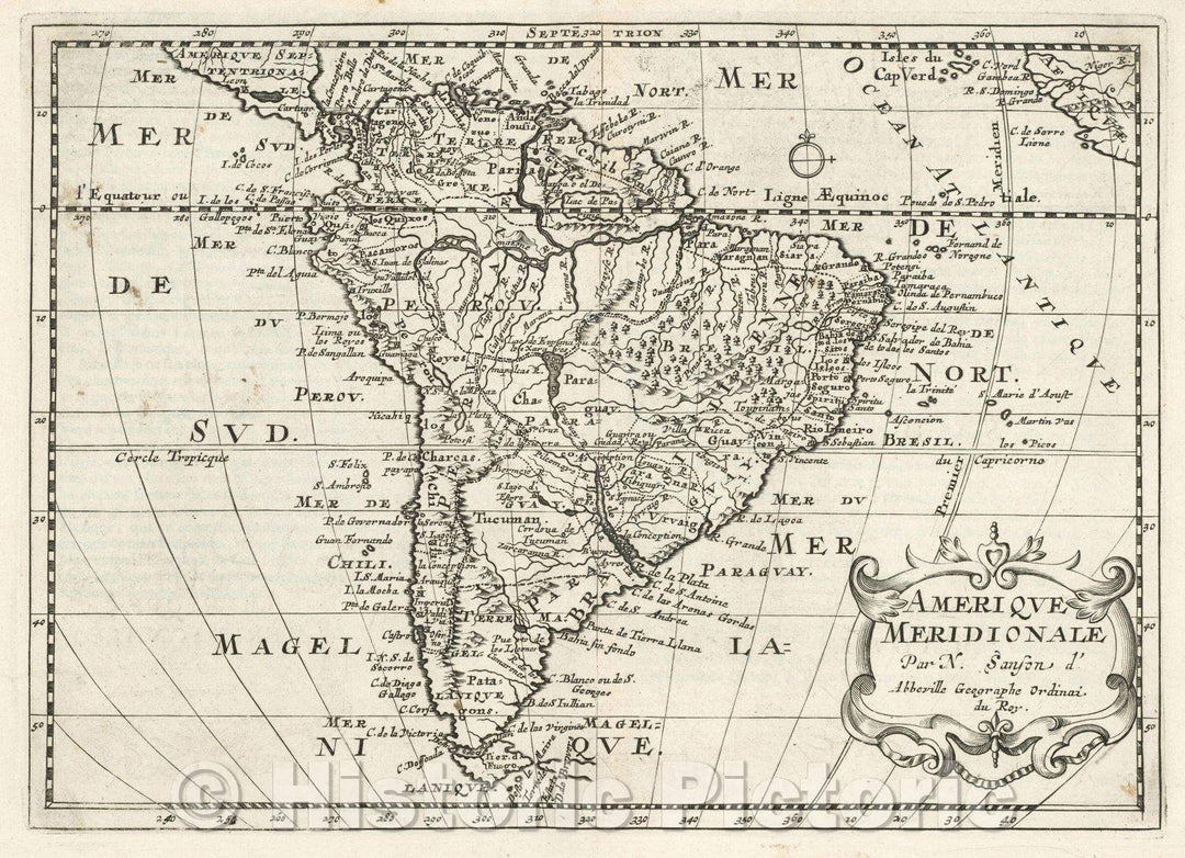 Historic Map : Amerique Meridionale Par N. Sanson d'Abbeville Geographe Ordinai du Roy., 1683 , Vintage Wall Art