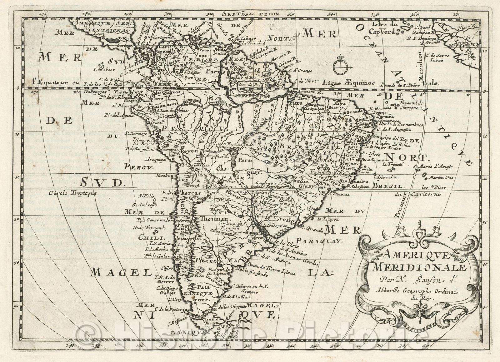 Historic Map : Amerique Meridionale Par N. Sanson d'Abbeville Geographe Ordinai du Roy., 1683 , Vintage Wall Art