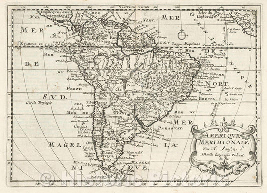 Historic Map : Amerique Meridionale Par N. Sanson d'Abbeville Geographe Ordinai du Roy., 1683 , Vintage Wall Art