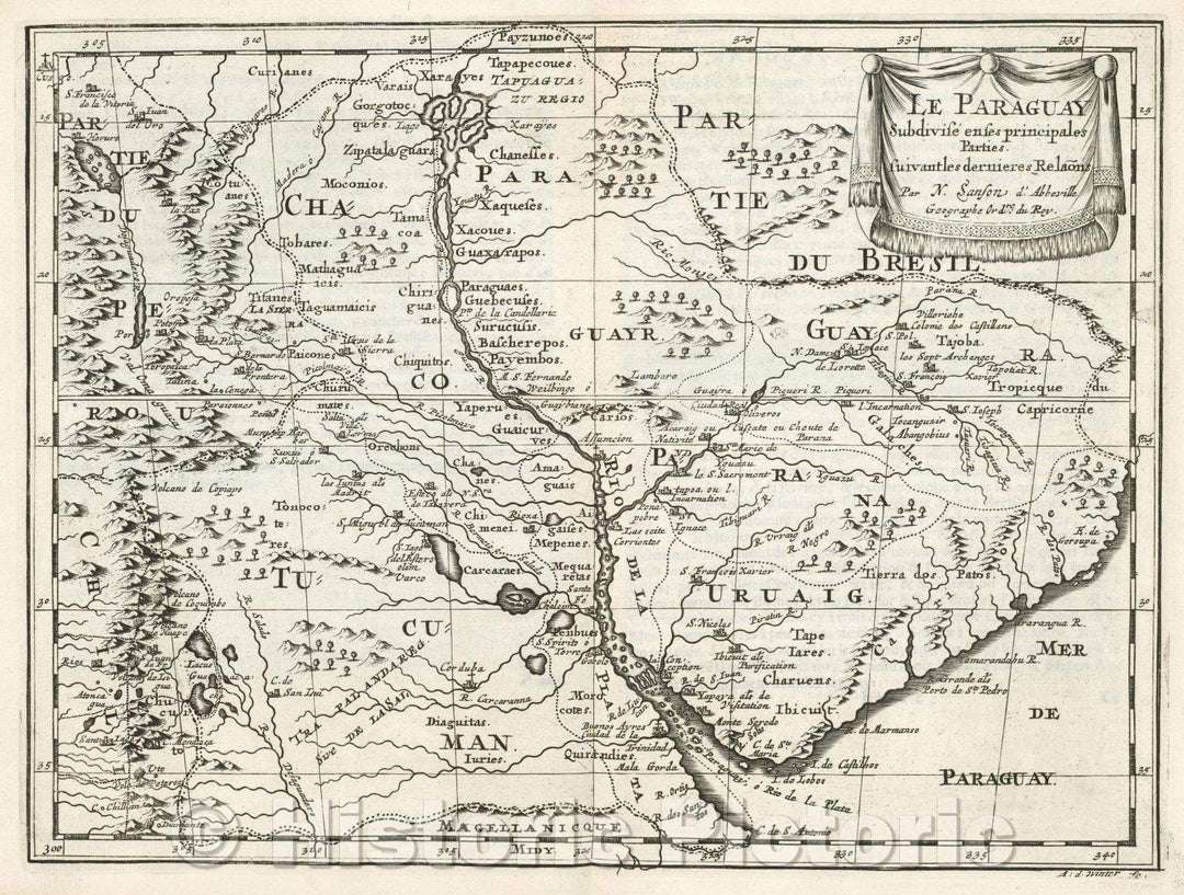 Historic Map : Le Paraguay Subdivise enses principales Parties. suivantles dernieres Relaons Par N. Sanson d'Abbeville Geographe Ordre du Roy., 1683 , Vintage Wall Art