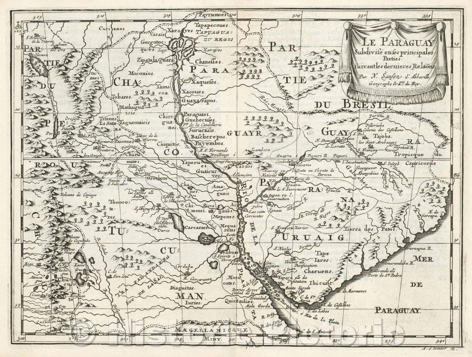 Historic Map : Le Paraguay Subdivise enses principales Parties. suivantles dernieres Relaons Par N. Sanson d'Abbeville Geographe Ordre du Roy., 1683 , Vintage Wall Art