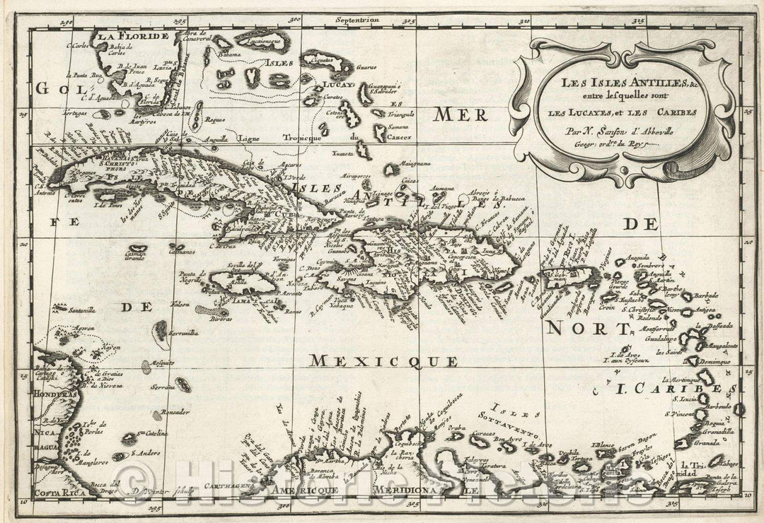 Historic Map : Les Isles Antilles, andc. entre lesquelles sont les Lucayes, et les Caribes Par N. Sanson d'Abbeville Geogr: ordre. du Roy, 1683 , Vintage Wall Art