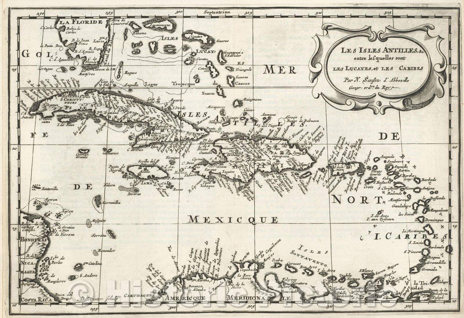 Historic Map : Les Isles Antilles, andc. entre lesquelles sont les Lucayes, et les Caribes Par N. Sanson d'Abbeville Geogr: ordre. du Roy, 1683 , Vintage Wall Art