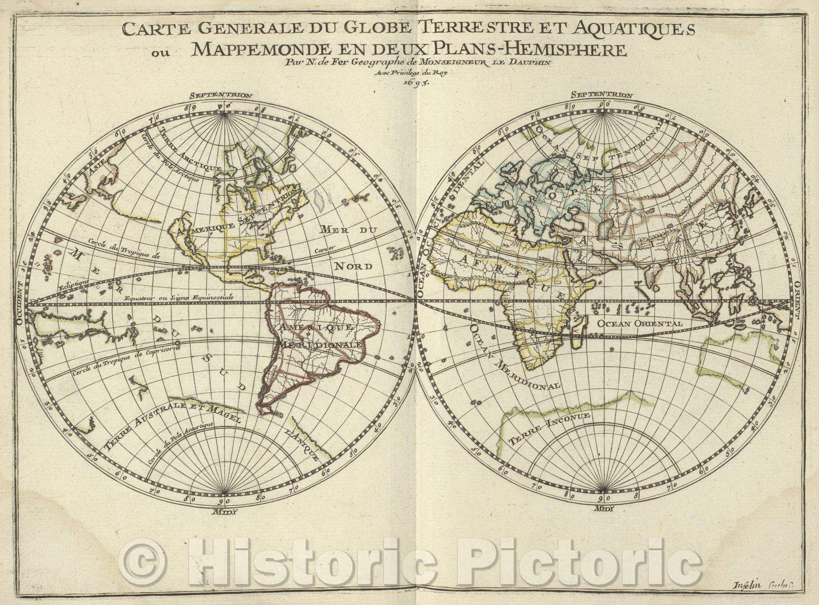 Historic Map : Carte generale du Globe Terrestre et Aquatiques mappemonde en deux Plans-Hemisphere, 1695 , Vintage Wall Art