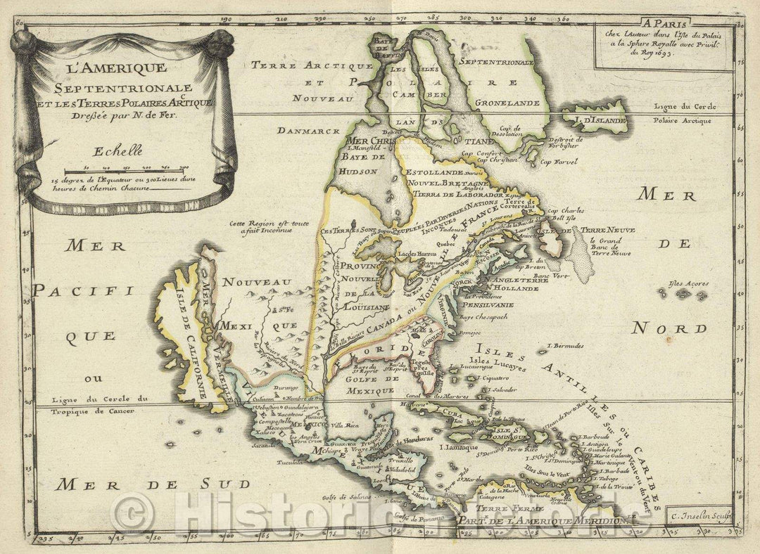 Historic Map : L'Amerique septentrionale et les terres polaires arctique, 1693 , Vintage Wall Art