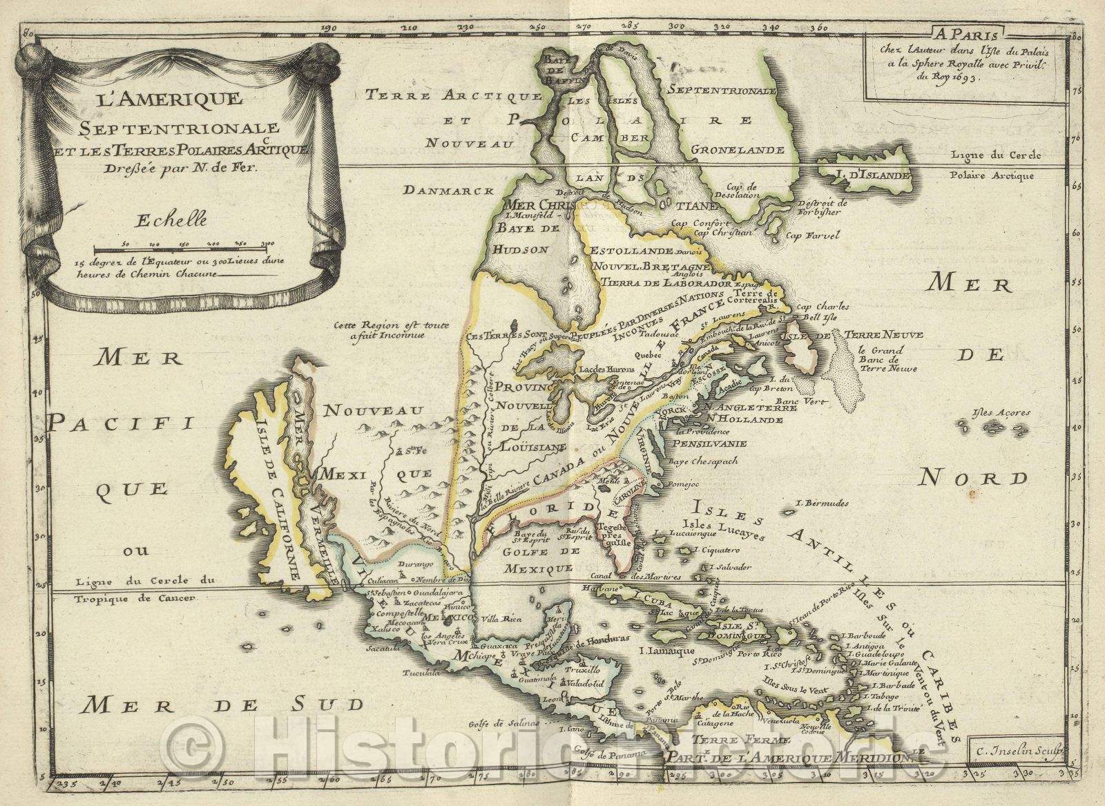 Historic Map : L'Amerique septentrionale et les terres polaires arctique, 1693 , Vintage Wall Art