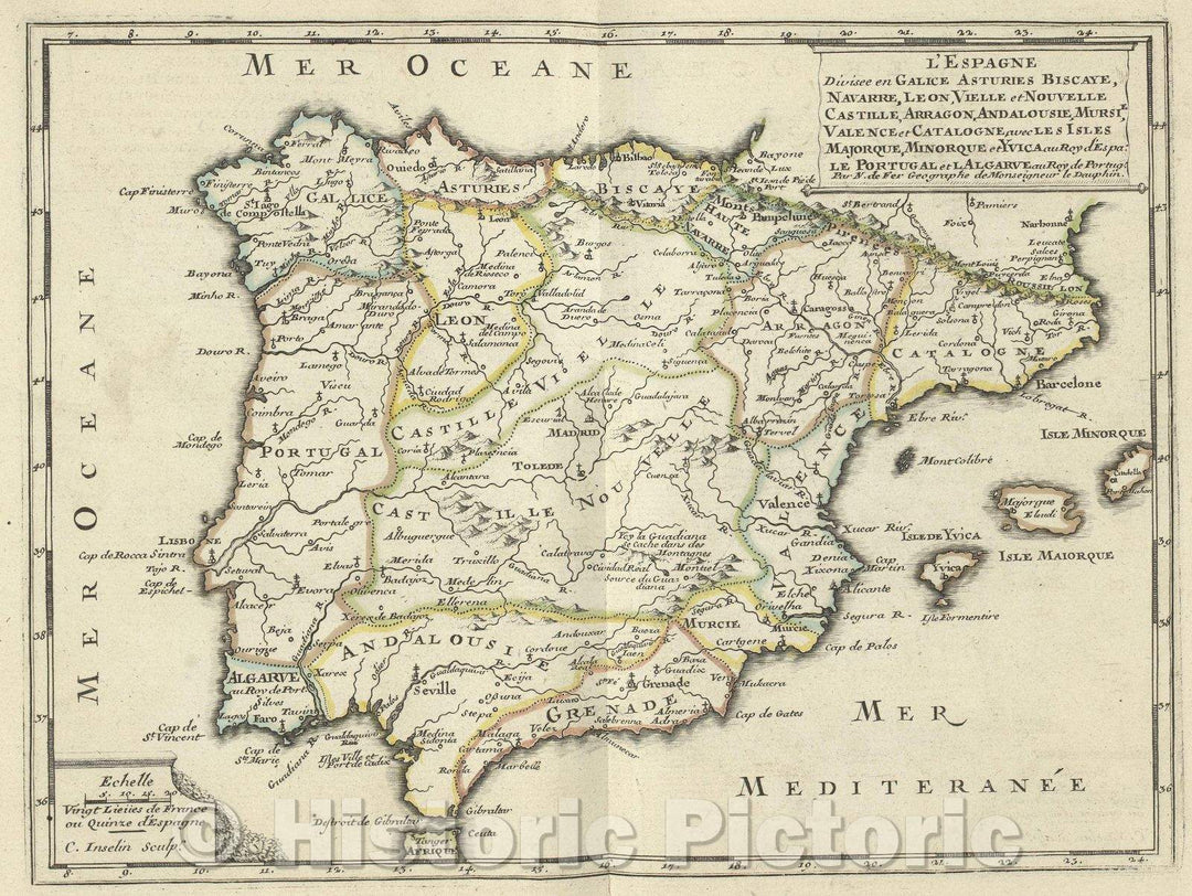 Historic Map : L'Espagne divisee en Galice Asturies Biscave, Navarre, Leon, Vielle et Nouvelle Castille, Arragon, Andalousie. Mursie, 1697 , Vintage Wall Art